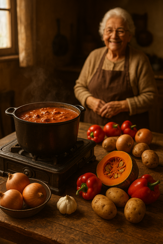 Imagen representativa de la abuela cocinando vegetales en una olla de hierro